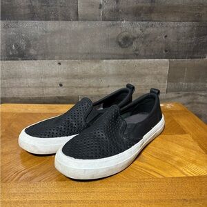 Sperry Black Perforated Slip-On Sneakers with White Sole Leather Uppers